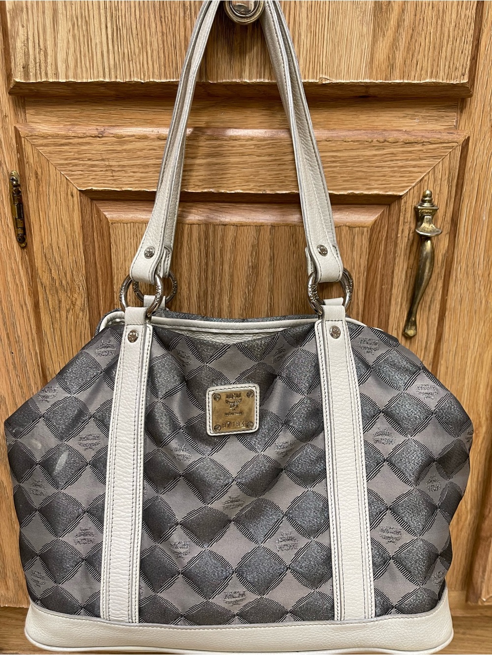 MCM Gray Momogram Diamond Patterned Shoulder Bag with White Leather Trim